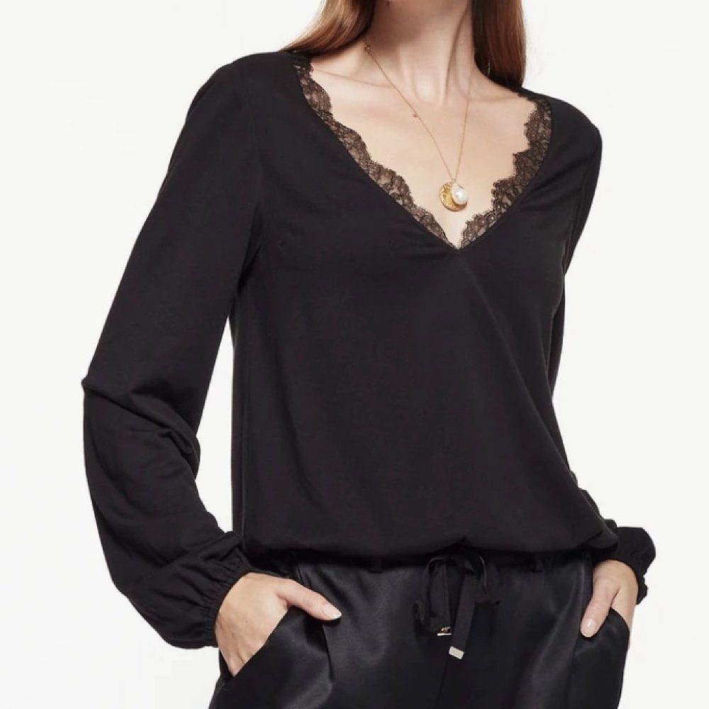 Cami NYC Mya Top Black Lace Trimmed Blouse, Size S.